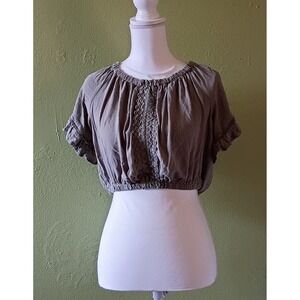Cottagecore Peasant Olive Ocean Drive Milkmaid Crop Top Blouse Womens M Medium